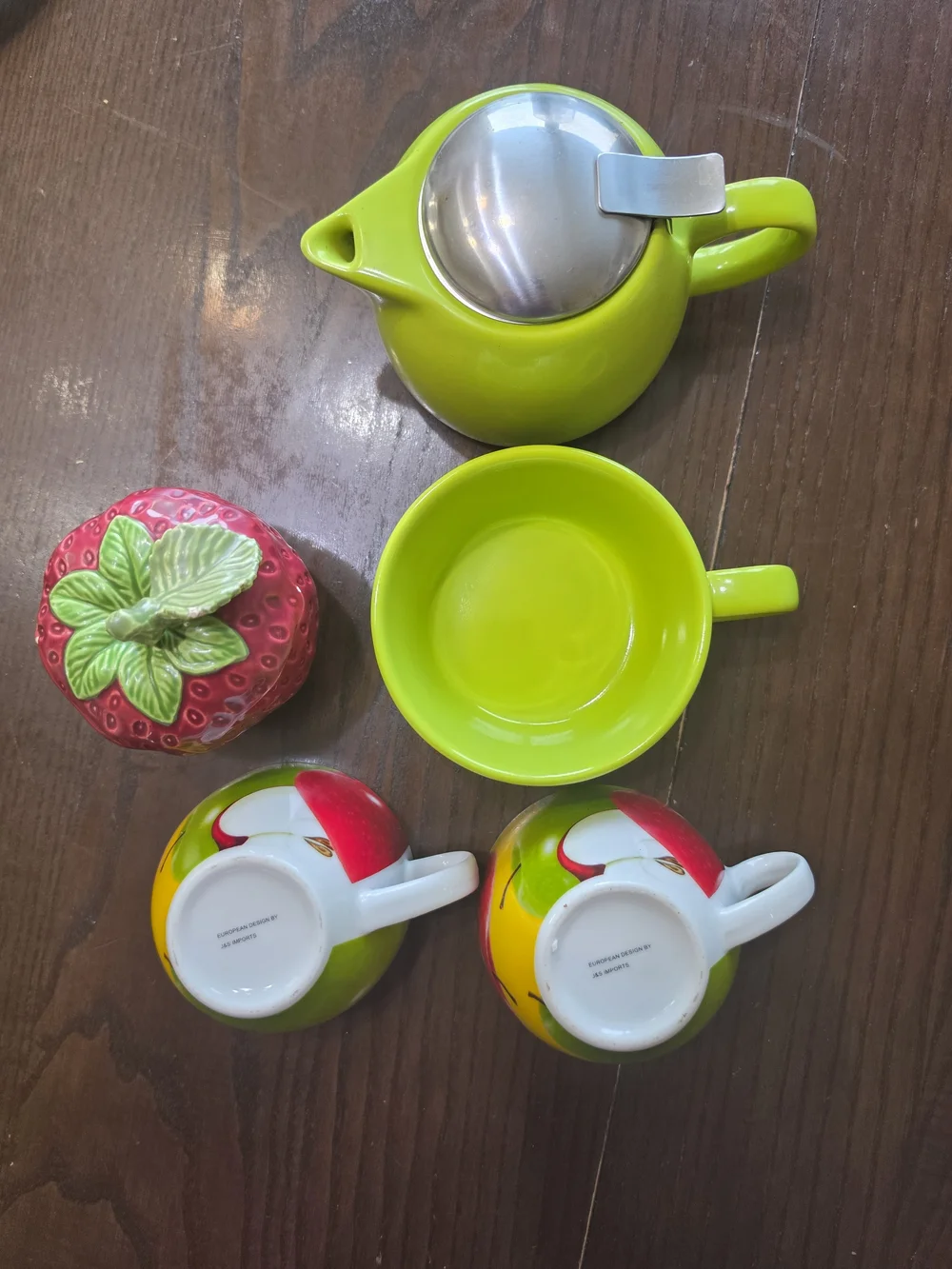 Bright Green Ceramic Tea Set with Fruit Accent Cups